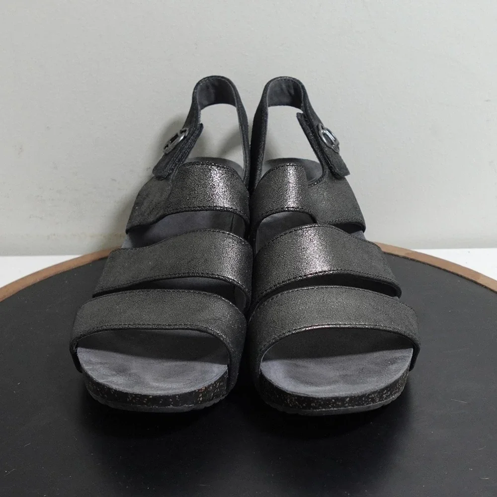 Dansko‎ Brandi Wedge Sandals Women 38 7.5-8 Metallic Black Leather Comfort Dress